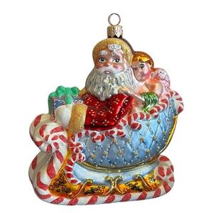 Christopher Radko Candy Cane Ride Christmas Ornament Santa & Angel In Sleigh
